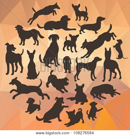 Set of dogs silhouette on abstract polygonal background. Collection of vector silhouette in circle.
