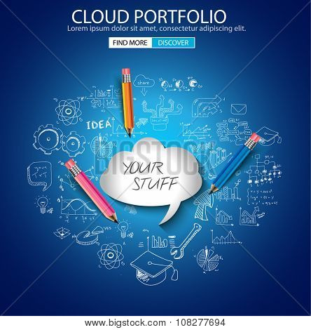 Cloud computing concept with doodle skeches infographics icons. Hand drawn icons of maths, graphs, notes, pencils, mail, and so on.
