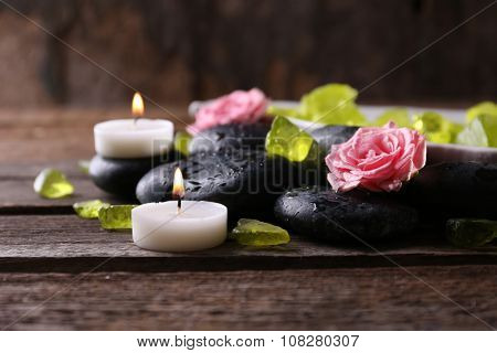 Relaxing composition on wooden background