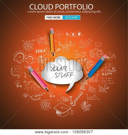 Cloud computing concept with doodle skeches infographics icons. Hand drawn icons of maths, graphs, notes, pencils, mail, and so on.