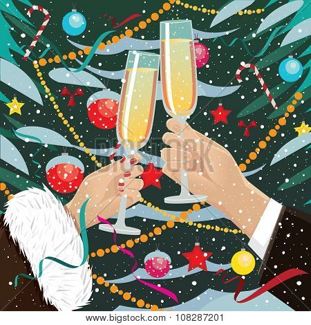 Couple Clink Glasses Near Christmas Tree Outdoors