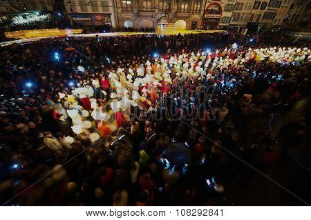 eople take part in Morgestraich - Carnival opening in Basel, Switzerland.