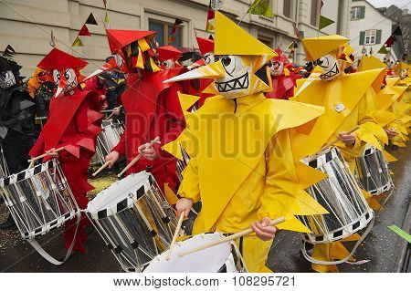 People take part in Basel Carnival in Basel, Switzerland.