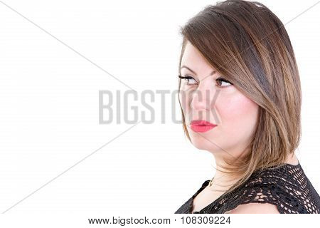 Pretty Woman Looking Out To The Left Against White