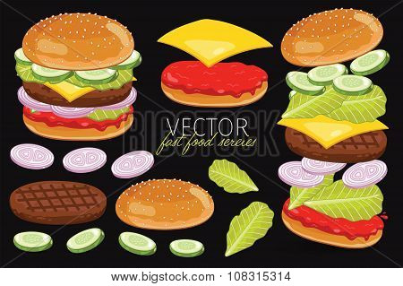 Vector burgers isolated on black background.