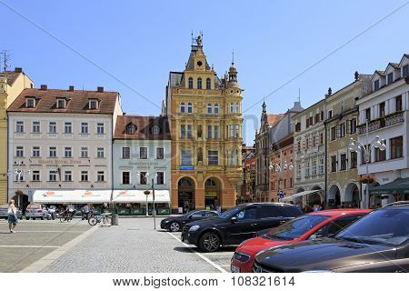 Architecture at the square in historic center of Ceske Budejovice.