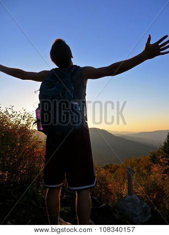 Man Hiker Success Silhouette In Mountains, Achievement Inspiration Sunset