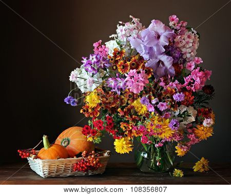 Still Life With A Bouquet, Pumpkins And Berries