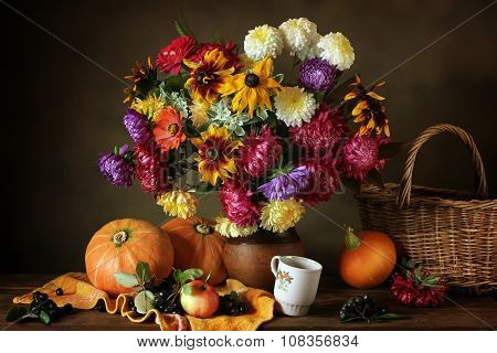 Still Life With Autumn Flowers And Pumpkins