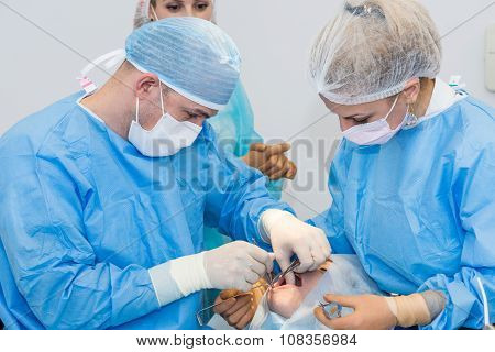 Dentists during surgery for implant placement