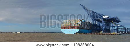 Container ship being unloaded at Felixstowe panorama docks suffolk  England.