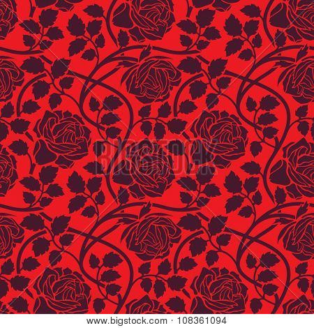 Rose flowers seamless background. Floral ornament with flower head, leaves and liana, wavy branches foliate pattern in red colors.