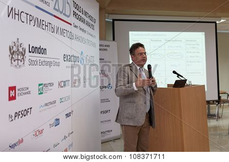 ST. PETERSBURG, RUSSIA - NOVEMBER 13, 2015: Creator of Eiffel programming language Bertrand Meyer at the conference Tools & Methods of Program Analysis in the Saint-Petersburg Polytechnic University