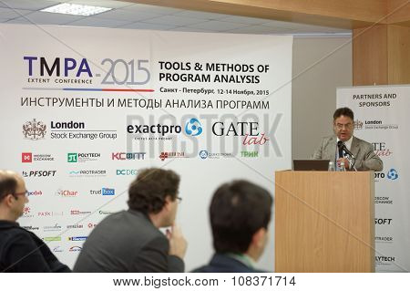ST. PETERSBURG, RUSSIA - NOVEMBER 13, 2015: Creator of Eiffel programming language Bertrand Meyer at the conference Tools & Methods of Program Analysis in the Saint-Petersburg Polytechnic University