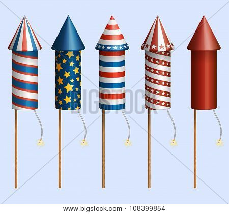 Set Of Firework Rocckets With Design