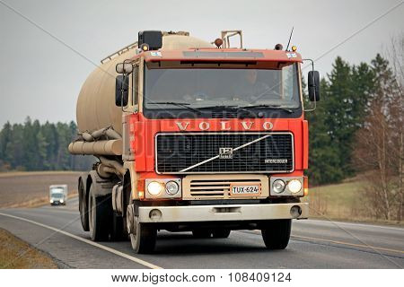 Red Volvo F12 Tank Truck On The Road