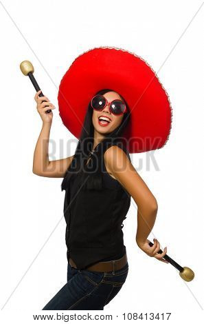 Young attractive woman wearing sombrero on white