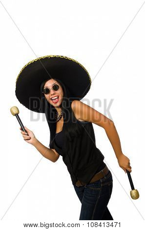 Young attractive woman wearing sombrero on white