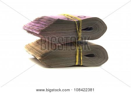 Stacks of money on white background