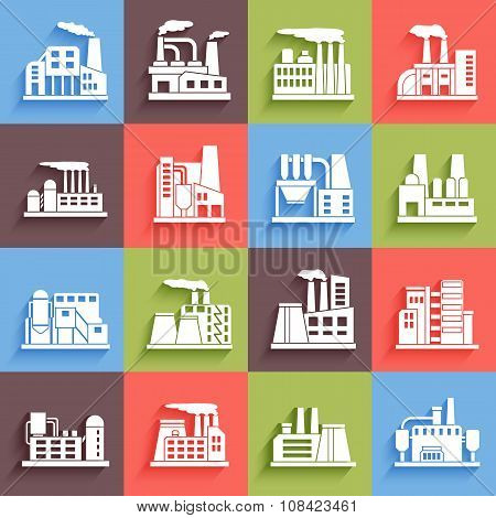 Set of industrial manufactory buildings icons set. Plant and factory, power. smoke, oil.  energy, nu