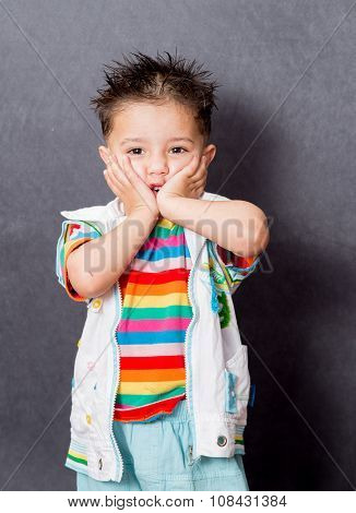shocked expiration. boy fashion portrait. Child model.