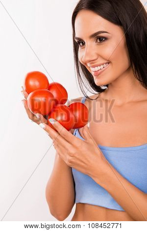 Happy Vegetarin Woman With Tomatoes
