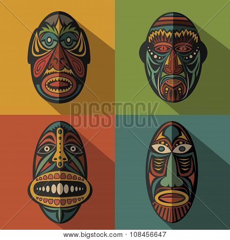 Set Of African Ethnic Tribal Masks On Colour Background