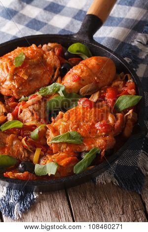 Homemade Cacciatori Chicken With Mushrooms In A Pan Vertical