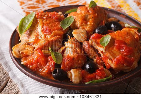 Italian Cuisine: Cacciatori Chicken With Mushrooms Closeup. Horizontal