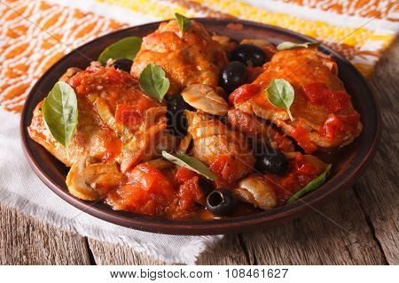 Homemade Cacciatori Chicken On A Plate Close-up. Horizontal