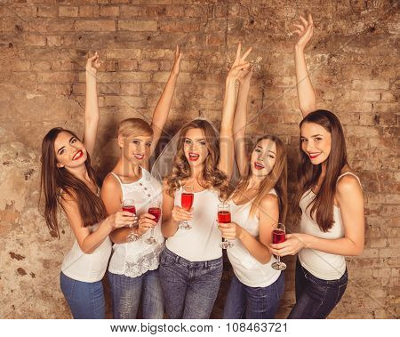 Beautiful Young Women Wearing Dress Code Celebrating Hen-party With Sparkling Wine