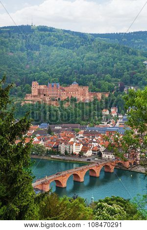 Alte Brucke bridge, Heidelberg through fir tree