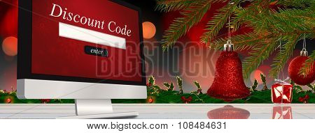 Red decorations on branch against sale advertisement