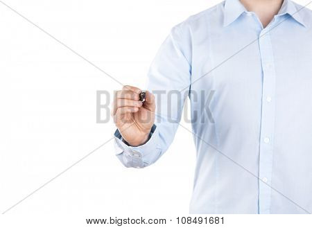 Young man writing with black marker on white background. Clipping path included. 
