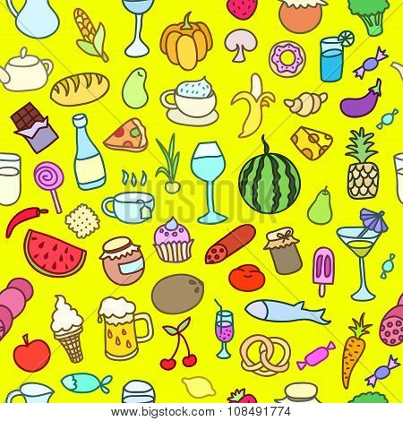 Seamless Pattern With Food. Hand Drawn Vector.