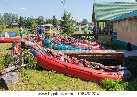 Sports Catamarans On The Shore Of  Msta River In Summer Sunny Day