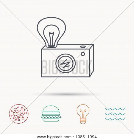 Retro photo camera icon. Photographer equipment.