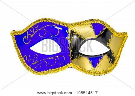 Venetian Carnival Mask Blue Yellow Black Patterned Asymmetrical Frontal Picture