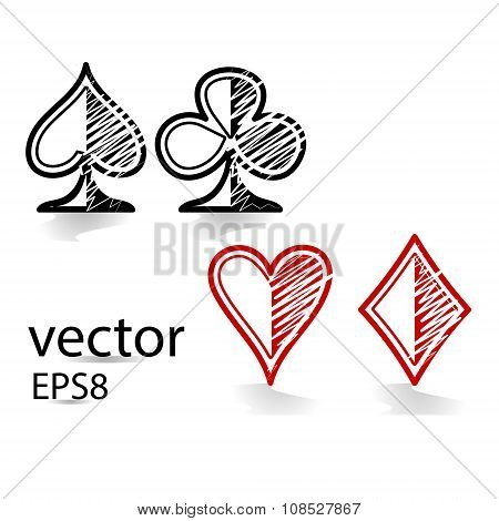 Symbols of playing cards on a white background. Simple outline illustration.