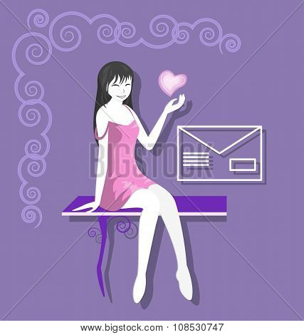 Silhouette friendly girl sitting on the bench. Vector.