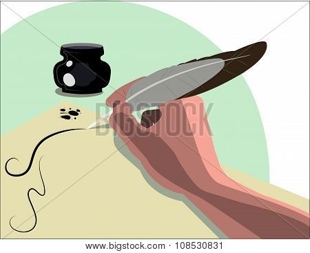 Hand holding a vintage old pen. Vector.