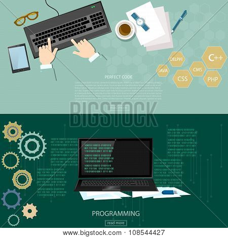 Programming Process Man Writing Programming Code And Data Processing banners