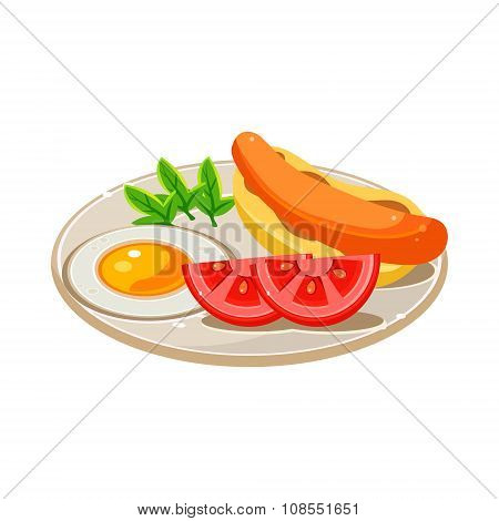 Breakfast Food Set with a Hotdog, Fried Egg and Tomato. Vector Illustration
