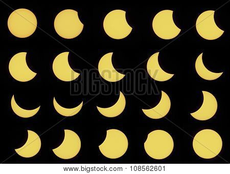 Twenty phases of partial solar eclipse seen on 20th March 2015 in the Czech Republic. Set of real photos using a special astro filter. 