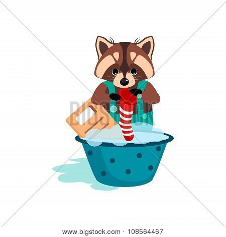 Raccoon Washes Clothes on the Washboard. Vector Illustration