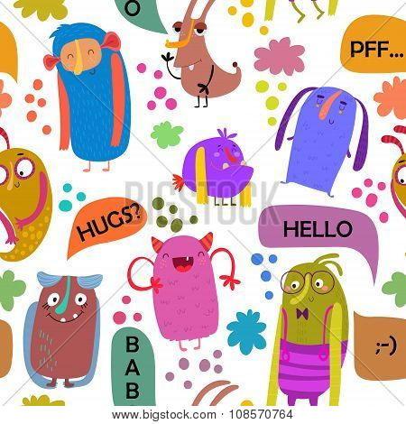 Seamless Vector Pattern With Sweet  Cartoon Monsters And Speech Bubbles. Fabulous Incredible Charact