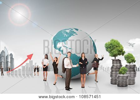 Buisnesspeople with growth graph and city