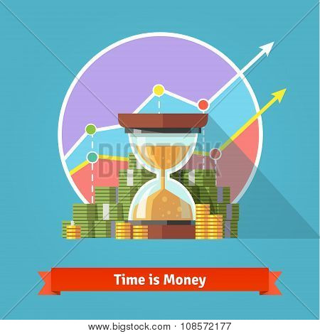 Hourglass in a pile of stacked bills and coin