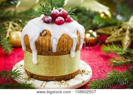 Christmas Fruit Cake Decorated With Icing And Berries
