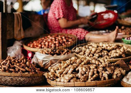 Ginger Root And Herbs At Asian Steet Market
